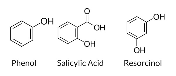 phenol salicylic acid and resorcinol chemical structure comparison
